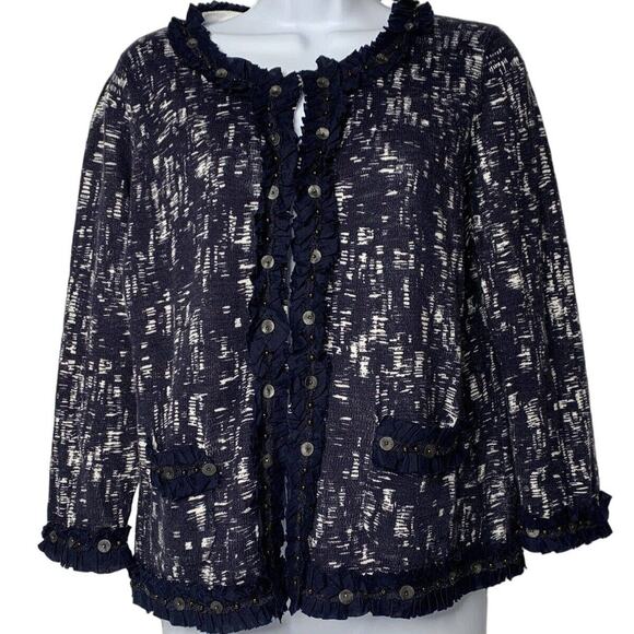 CHICO'S Women Cardigan Sz 1 Beaded Ruffle Blue/White Preppy Sweater pockets M - Picture 3 of 12
